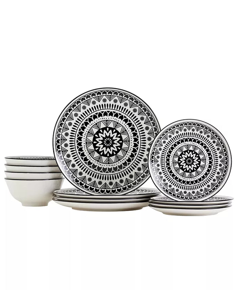 12 Pc. Black Pad Print Dinnerware Set, Service for 4